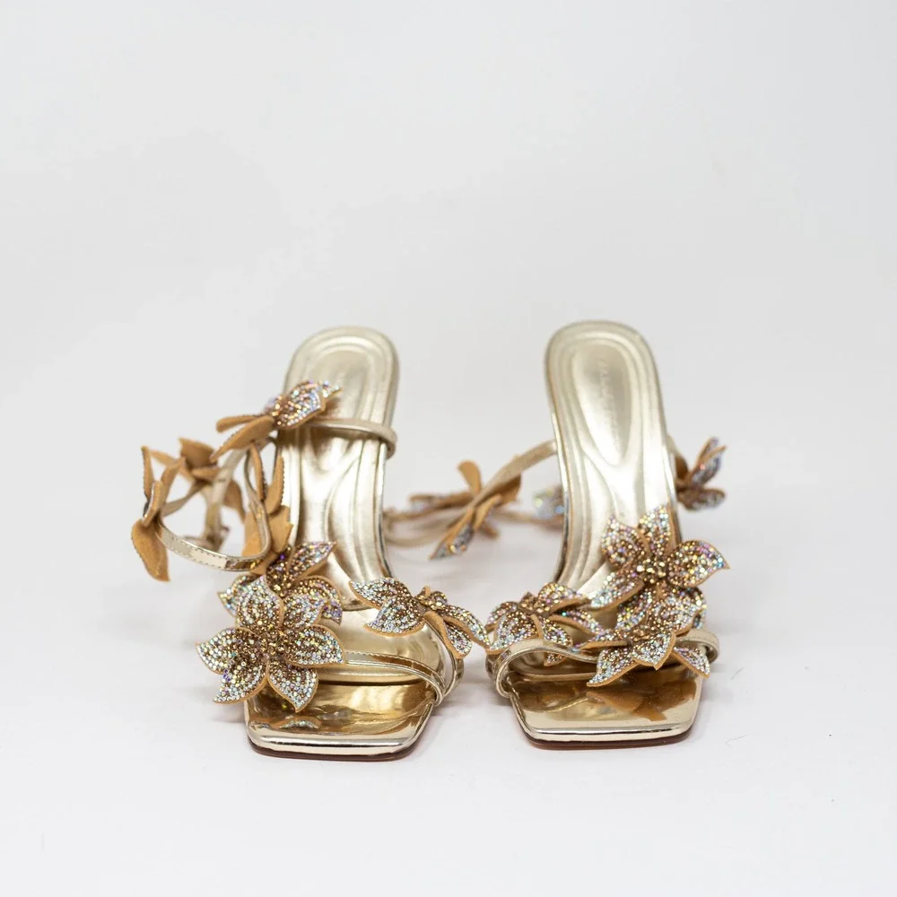 Azalea Wang Romi Stiletto Crystal Rhinestone Floral High Heel Sandal Shoe Gold 6